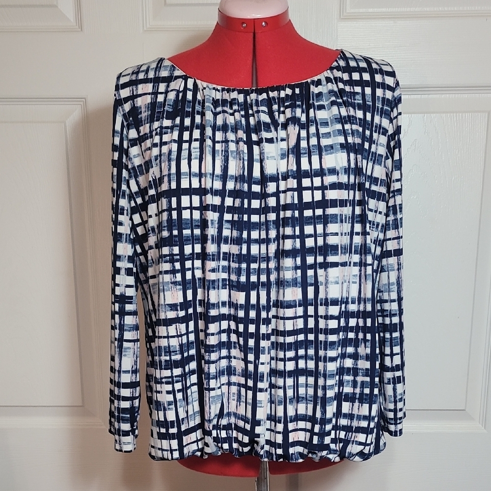 Nine West Boxy White and Blue Blouse